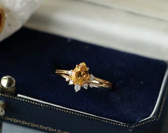 Natural Yellow Citrine Engagement Ring, Delicate Teardrop Citrine Ring, Citrine Promise Ring Gold, Dainty Bridal Ring Set, Anniversary Gifts