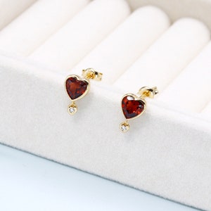 Heart Garnet Stud Earrings, Natural Red Garnet Earrings, Red Heart Stud Earrings, Dainty Garnet Heart Studs, Love Gifts for Girlfriend