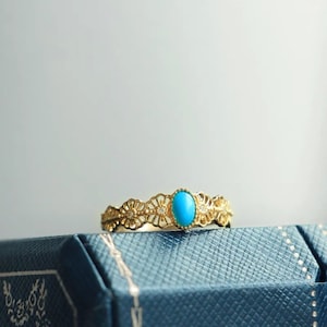 Vintage Turquoise Engagement Ring, Filigreed Turquoise Ring, Natural Blue Turquoise Ring, Vintage Promise Ring, Anniversary Rings for Her