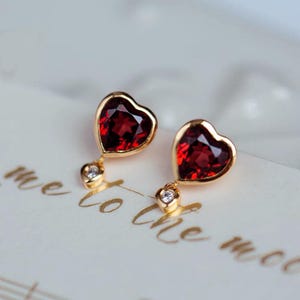 Heart Garnet Stud Earrings, Natural Red Garnet Earrings, Red Heart Stud Earrings, Dainty Garnet Heart Studs, Love Gifts for Girlfriend image 5