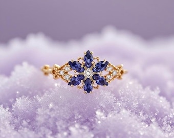 Purple Flower Ring, Dainty Tanzanite Flower Ring, Marquise Cut Tanzanite Ring, Gemstone Floral Ring, Nature Inspired Bridesmaid Ring, Gifts