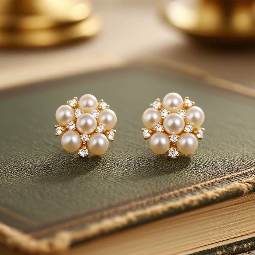 Vintage Flower Earrings, Pearl Stud Earrings, Vintage Pearl
