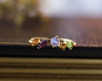 Anillo multipiedra, anillo multicolor con piedras preciosas, anillo arcoíris apilable, anillo multipiedra natal, anillo de 5 piedras, anillo de piedra lunar, regalo para tu mejor amiga.