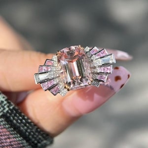 Natürlicher rosa Morganit Verlobungsring, Morganit Hochzeitsringe für Frauen, Morganit Statement Ring, Vintage Morganit Jahrestag Ring Geschenk
