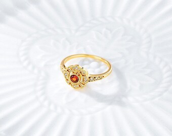 Vintage Style Garnet Promise Ring, Art Deco Garnet Engagement Ring, Natural Garnet Ring Gold, Floral Garnet Ring, Rings for Moms, Mom Gifts