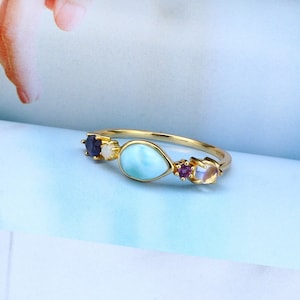 Dainty Larimar Ring, Multi Stone Ring, Larimar Ring Gold, Color Gemstone Ring, Larima Multi Stone Ring, Teardrop Larima Ring, Gifts for Mom