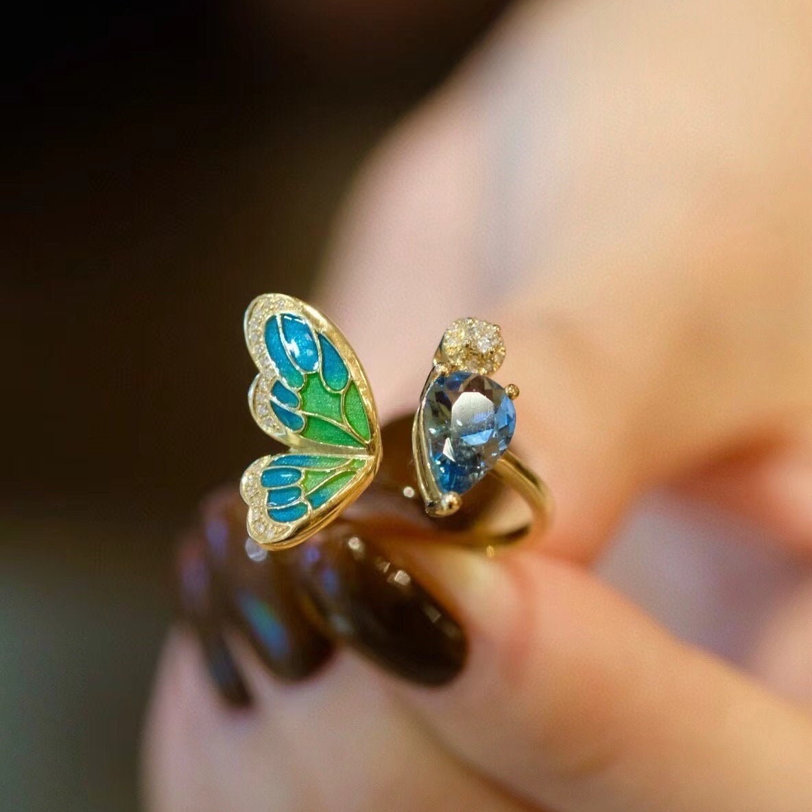 tiny butterfly ring mau_Jewelry12～14号 Butterfly Ring Gold, Butterfly Aquamarine Ring, Butterfly Open