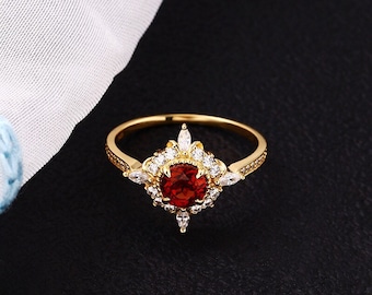 Genuine Natural Garnet Ring, Vintage Garnet Engagement Ring, Garnet Promise Ring Gold, Garnet Diamond Ring, Red Birthstone Gemstone Ring