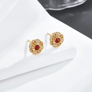 Art Deco Garnet Earrings, Floral Garnet Stud Earrings, Vintage Garnet Stud Earrings, Dainty Bridal Earrings, January Birthstone Earrings