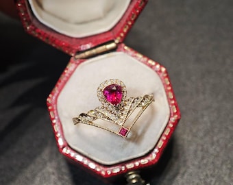 Art Deco Style Ruby Engagement Ring, Vintage Ruby Crown Wedding Ring, Nature Pear Shaped Ruby Crown Ring, Anniversary Ring Gifts for Her
