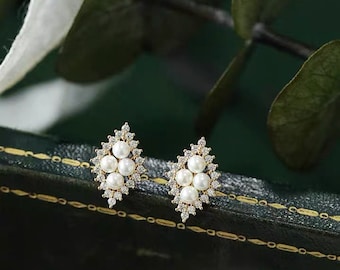 Vintage Perlen Ohrringe, Diamant Perle Ohrstecker, Braut Perlen Ohrringe, Hochzeitsohrringe, Zierliche Perlenohrringe, Geburtstagsgeschenke für Sie