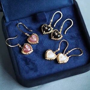 Christmas Gifts for Lovers, Heart Dangle Drop Earrings, Dainty Heart Earrings, Mother of Pearl Heart Earrings, Small Heart Drop Earrings