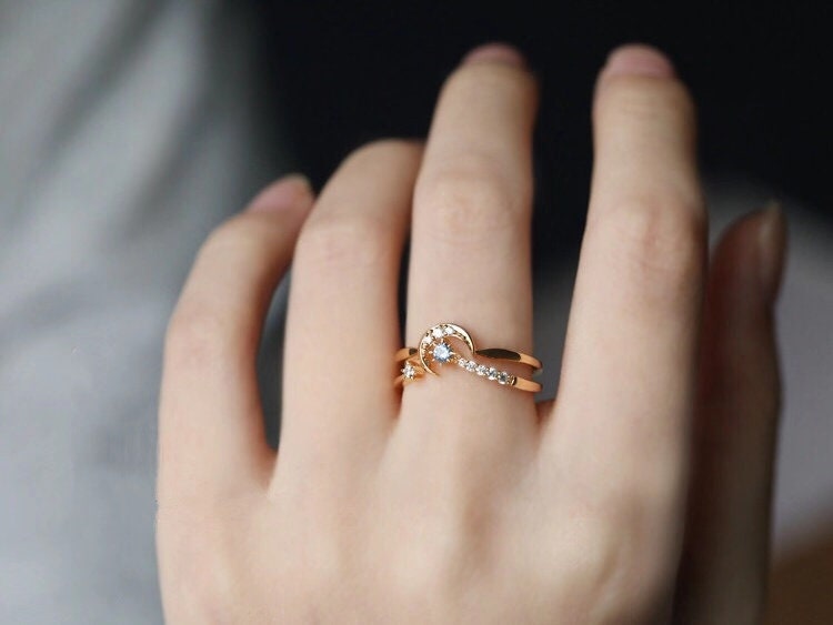 Moon Engagement Ring Moon and Star Ring Set Stackable Ring Etsy