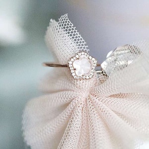 Flower Promise Ring, Quartz Engagement Ring, Rose Quartz Promise Ring, Crystal Bridal Ring, Cherry Blossom Ring, Bridesmaid Gifts for Her