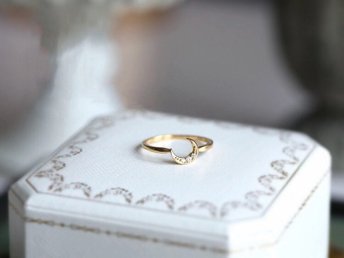 Moon Engagement Ring Moon and Star Ring Set Stackable Ring Etsy