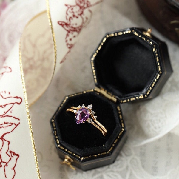 Amethyst Ring Set, Teardrop Amethyst Ring Gold, Natural Purple Amethyst Engagement Ring, Dainty Amethyst Bridal Ring Set, Promise Ring Set