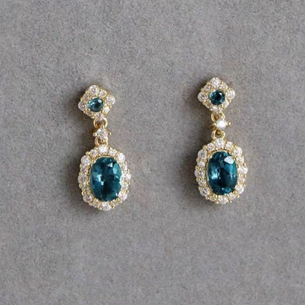 Natural Blue Topaz Earrings, Topaz Dangle Drop Earrings, London Blue Topaz Earrings, Small Drop Earrings, Halo Topaz Drop Earrings for Women