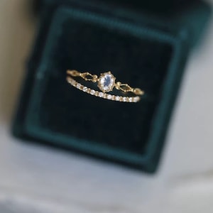 Dainty Moonstone Engagement Ring Set, Diamond Bridal Wedding Ring Set, Two Ring Stackable Ring Set, Simple Wedding Ring Set, Anniversary