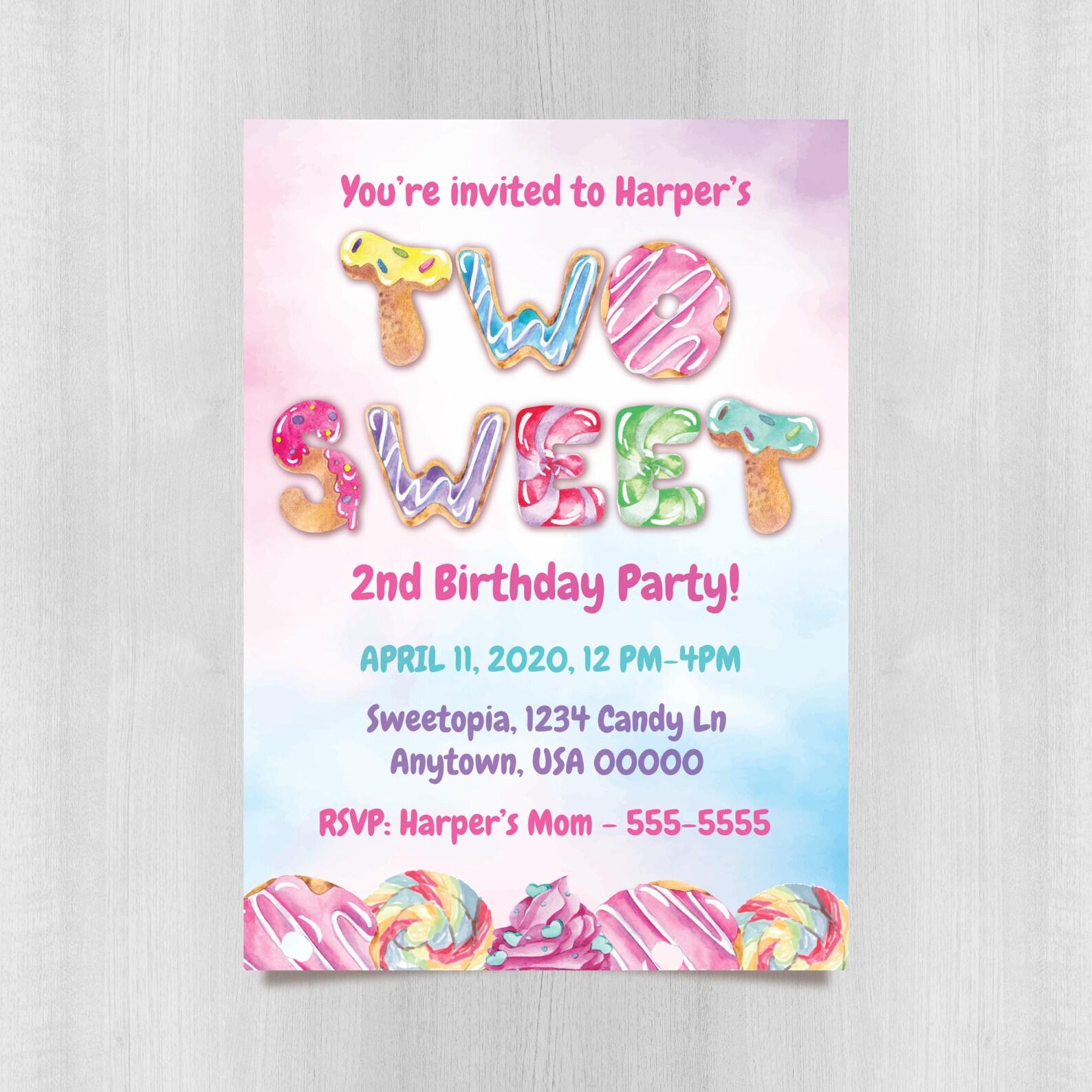 Printable 2nd Birthday Party Invitation, Custom Two Sweet Birthday
