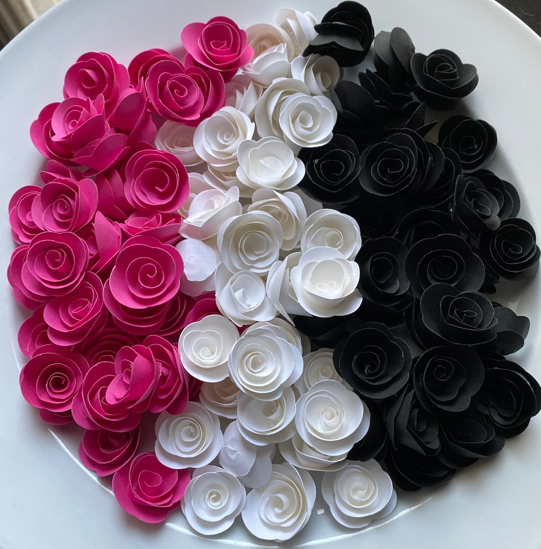 50 Tiny Rosette PAPER Flowers, Choose White, Pink, or Black Flowers