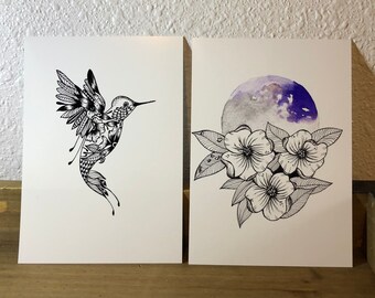 hummingbird & moon - set of 2 5x7 prints