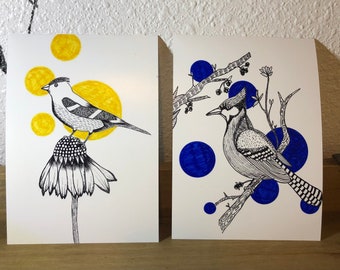 yellow and blue birds - set of 2 5x7 prints