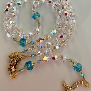 Rosary Beads, Swarovski Crystal and Light Turquoise, Communion, Handmade