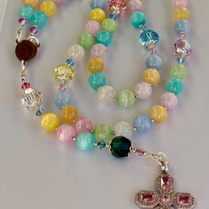 Rosary Beads, Rainbow, Selenite, Colourful, Swarovski, Rosary, Silver, Pink, Handmade