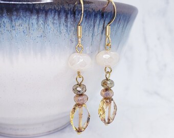 Czech Glass Beige Pearl Oval Earrings - Sterling Silver and Stainless Steel - Handmade Wedding or Holiday Gift