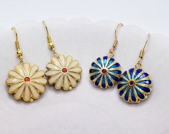 Sunflower Cloisonné Chinese Antique with Gold Plated Silver Earrings [Yellow & Blue] (vintage), gift for her, elegant, wedding jewelry