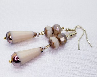 Creamy Latte Teardrop Earrings - Czech Glass Jewelry, sterling silver, stainless steel, mother&#39;s day, handmade, wedding, holiday gift