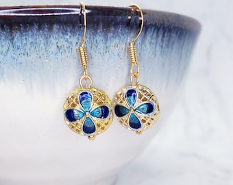 Beautiful Clover Cloisonné Chinese Antique with Gold Plated Sterling Silver Earrings (Size 1.25cm) (vintage), gift for her, wedding jewelry