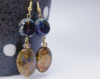 Marble Glass Beads with Gold Earrings - Czech Glass Jewelry, sterling silver, stainless steel, mother&#39;s day, handmade, wedding