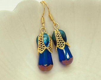Royal Blue Droplet Cloisonné Chinese Antique with Gold Plated Sterling Silver Earrings [Royal Blue] (vintage), gift for her, wedding jewelry