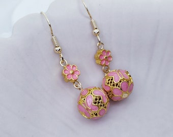 Rare Blush Pink Butterfly Cloisonné Chinese Antique with Gold Plated 925 Sterling Silver Earrings (Size 1.25cm) (vintage), gift for her