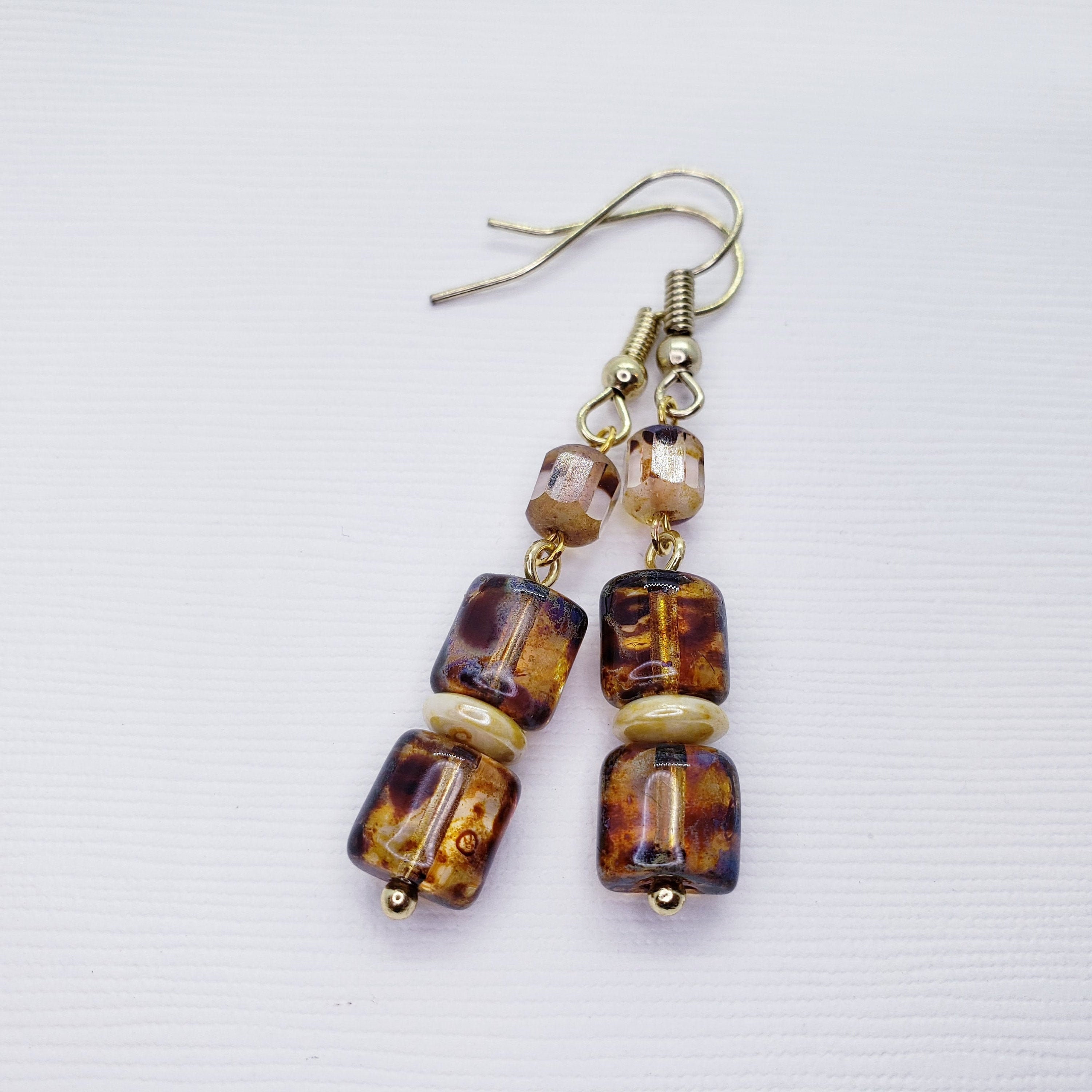 Handmade Czech Glass Mulberry Golden Earrings - Sterling Silver  Stainless Steel Womens Jewelry for Weddings  Holidays