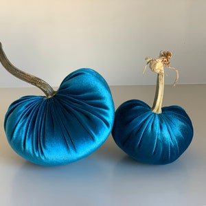 Blue Velvet Pumpkin, Fall Pumpkin Decor, Velvet Pumpkin with Real Stem, Blue Pumpkin