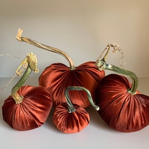 Rust Velvet Pumpkin, Fall Pumpkin Decor, Velvet Pumpkin in Rust with Real Stem