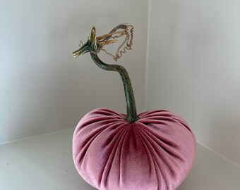 Fall Pumpkin Decor, Velvet Pumpkin in Dusty Rose with Real Stem