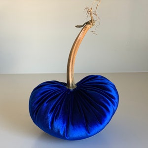 Fall Pumpkin Decor, Velvet Pumpkin in Royal Blue with Real Stem