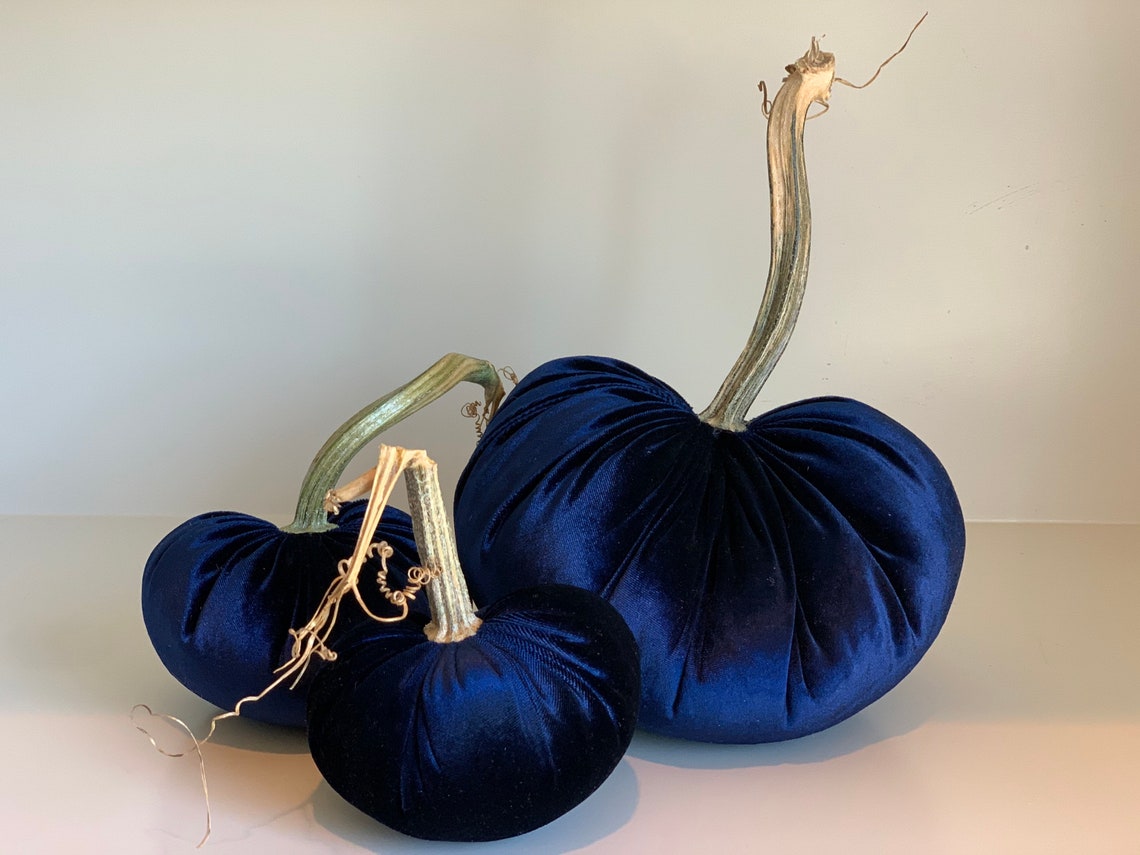 Navy Velvet Pumpkin Blue Velvet Pumpkin Fall Pumpkin Decor Etsy