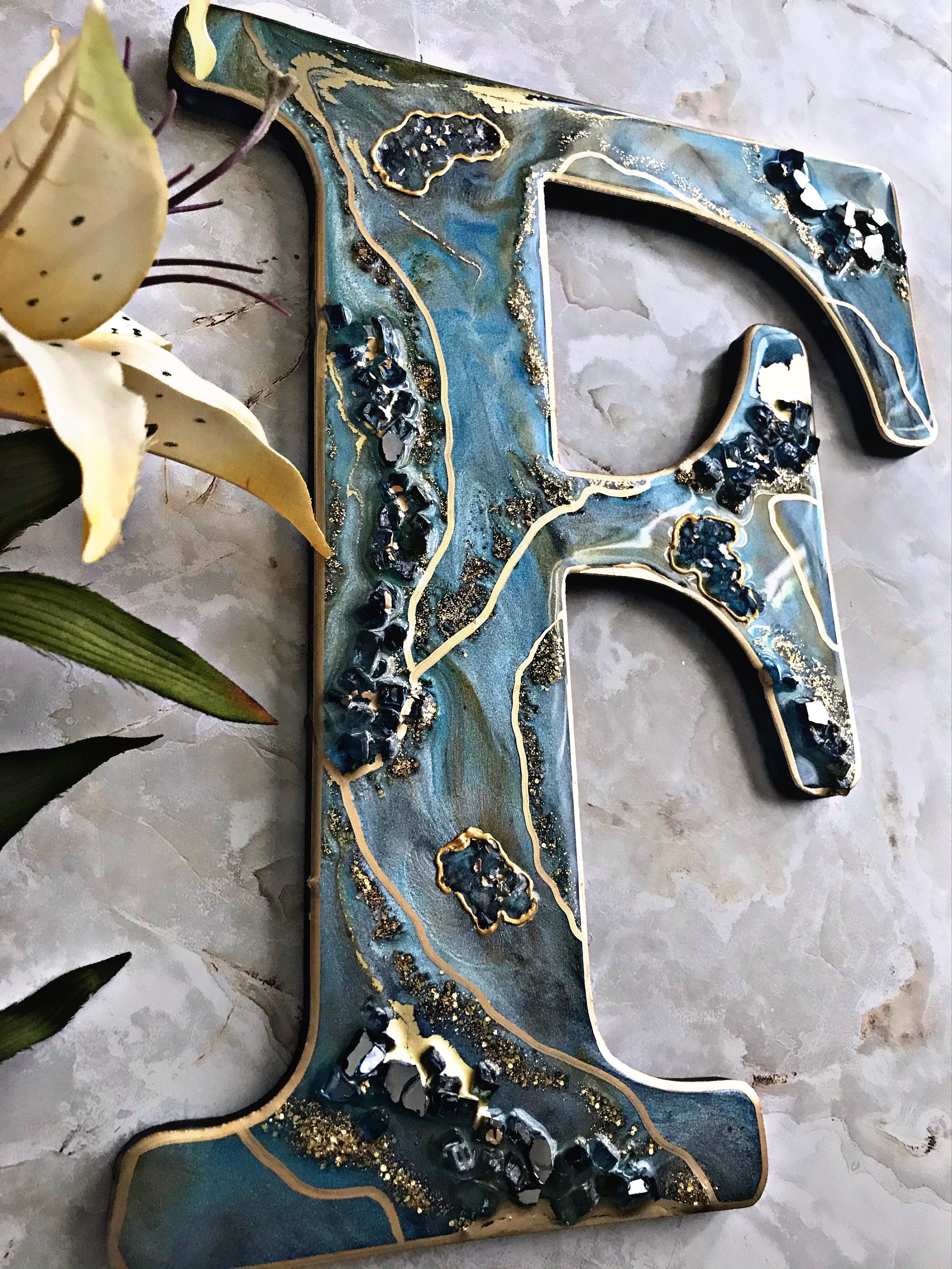 Large Resin geode initials - resin art initials - initials - boss lady office - 13&quot; long