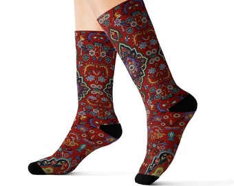 Calcetines con estampado de alfombra persa: mezcla de poliéster y elastano, fabricados en EE. UU.
