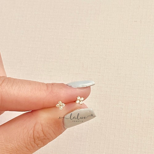 Dainty Cz Gold Ball Cluster Diamond Stud Earrings 14k Gold Etsy