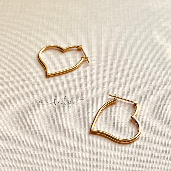 18k Solid Gold Heart Shape Drop Hoop Earrings, Solid Gold Heart Earrings, Heart Hoop Earrings, heart Earrings