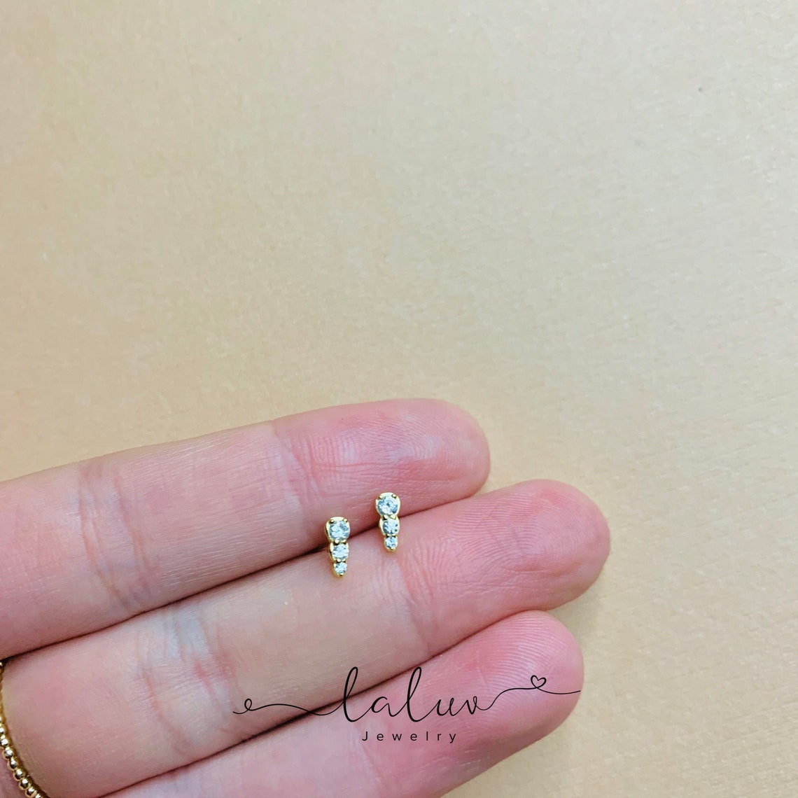 Dainty Earrings Triple CZ Diamond Stud Earrings 3 stone Cz Etsy