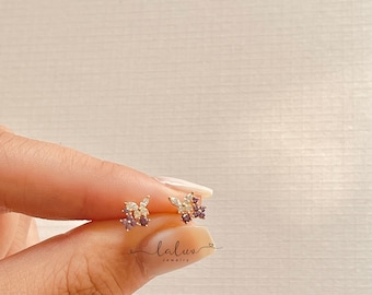 9k Gold Schmetterling Lavendel Lila Blume Cluster CZ Stein Ohrstecker, Schmetterling Ohrringe, Blumen Ohrringe, Einzigartige Schmetterling Ohrringe