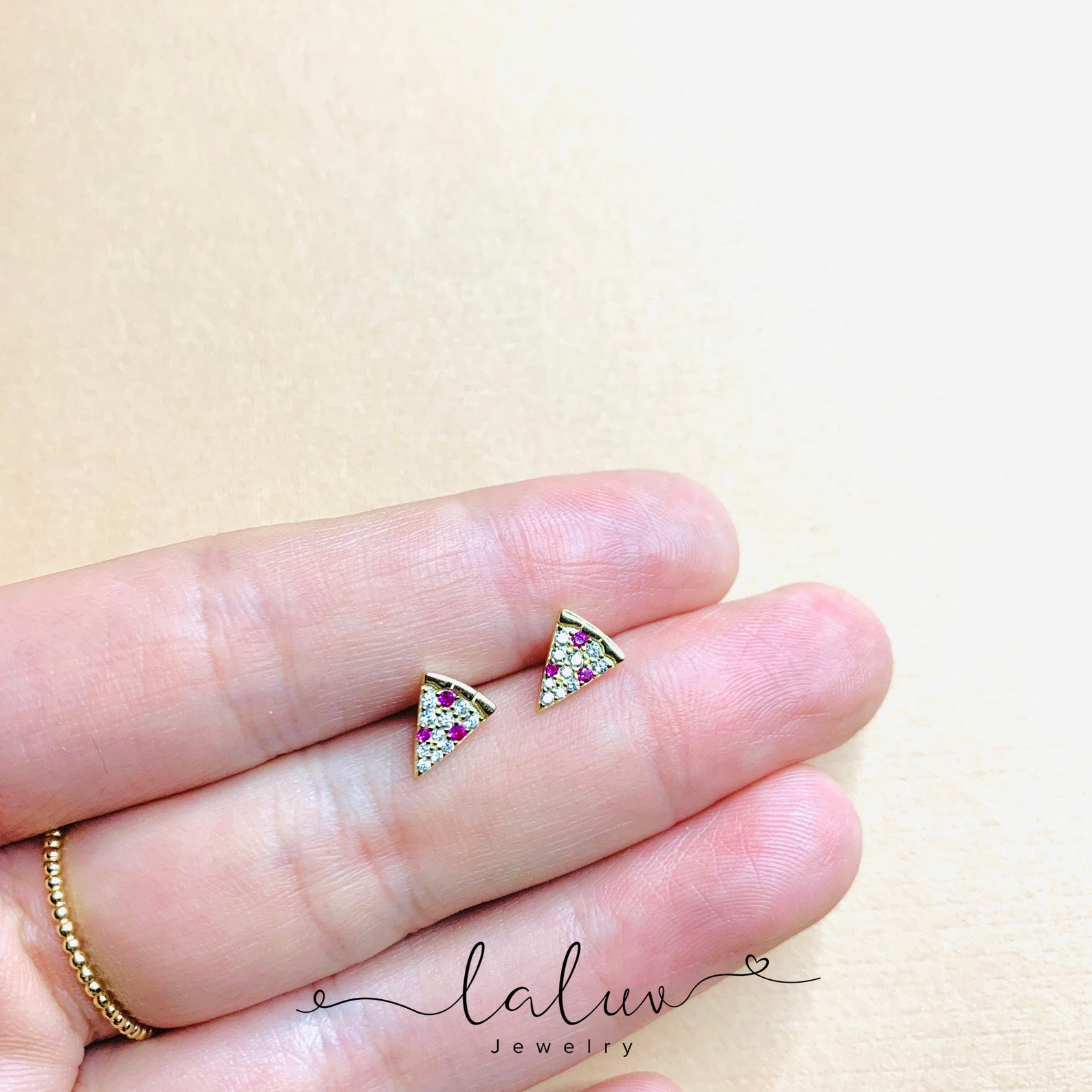 Diamond Cz Pizza Stud Earrings 14k Gold Vermeil Etsy