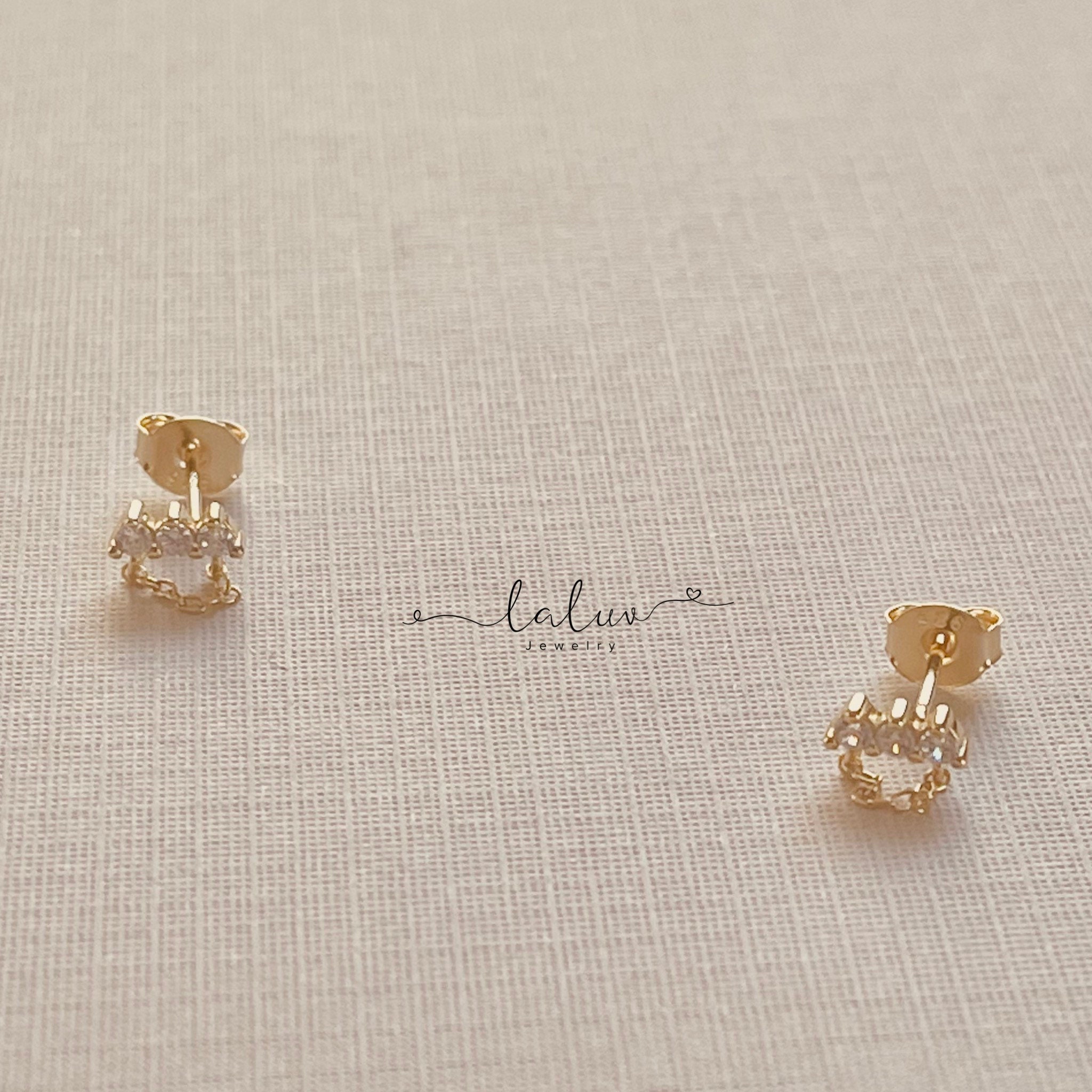 Dainty 3 Stone Small Bar Chain Drop Stud Earrings | Etsy