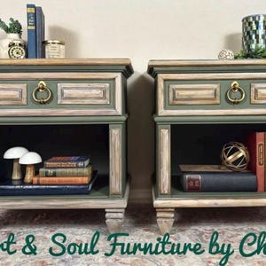 Vintage Nightstand Set – Refinished Juniper Green Solid Wood Bedside Tables with Gold Pulls & Lined Drawers
